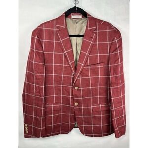 Lauren Ralph Lauren Coral Red Check 100% LINEN Sport Coat Jacket Blazer 42S